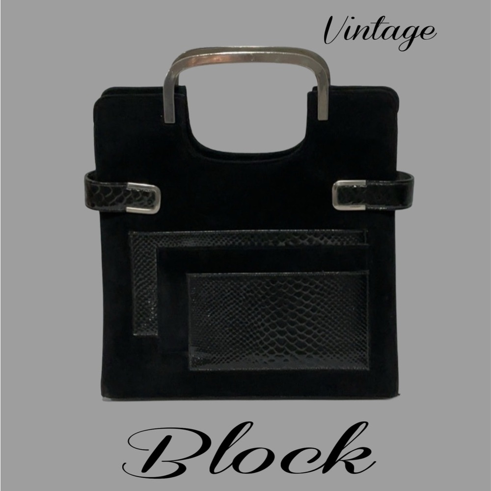 BLOCK Vintage Black Suede and Reptile Skin Frame Handbag with Grab Top Handles
